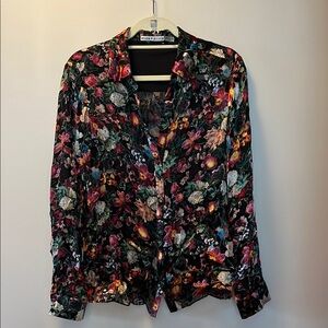 Alice + Olivia Black Floral Notched Collar Blouse